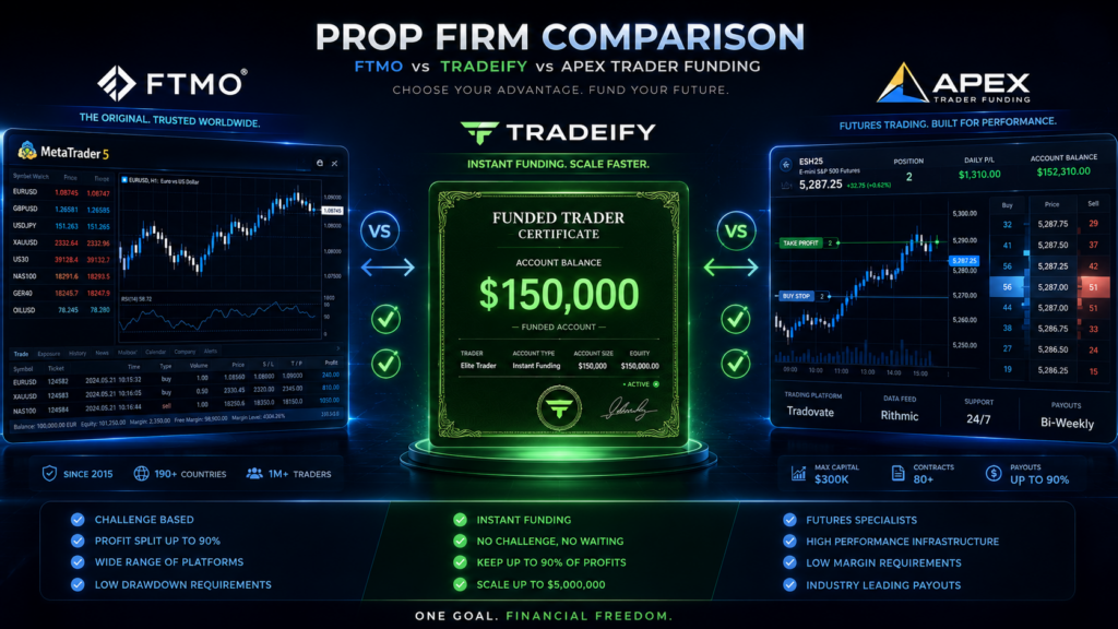 FTMO vs Tradeify vs Apex — comparatif complet des meilleures PropFirms en 2026