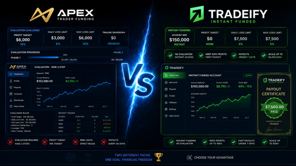 Apex Trader Funding vs Tradeify — lequel choisir en 2026 ? Mon avis après avoir testé les deux